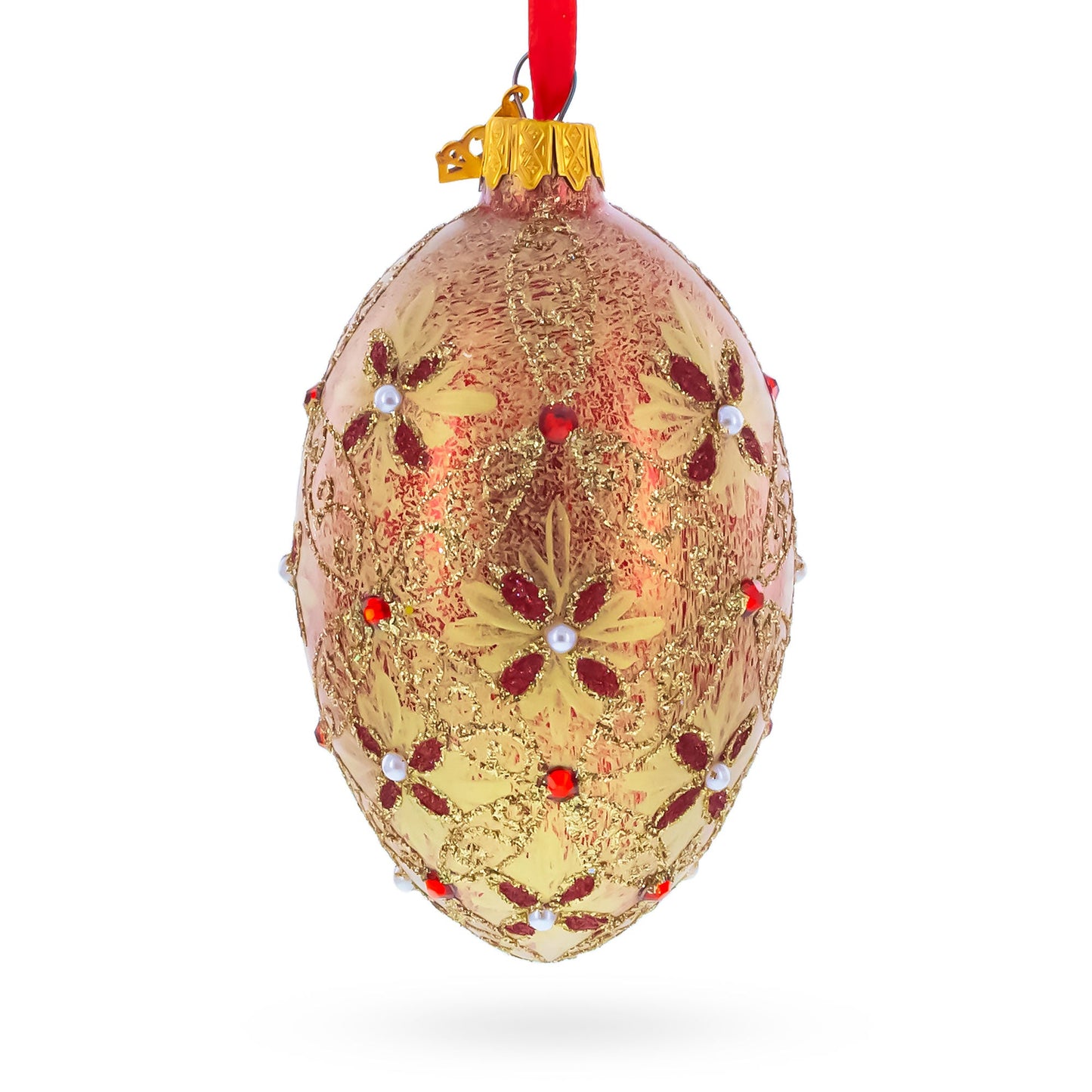 Gilded Bloom & Pearl Lattice Jeweled Glass Egg Ornament 4 Inches