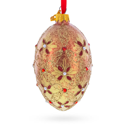 Gilded Bloom & Pearl Lattice Jeweled Glass Egg Ornament 4 Inches