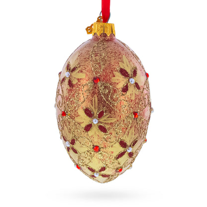 Gilded Bloom & Pearl Lattice Jeweled Glass Egg Ornament 4 Inches