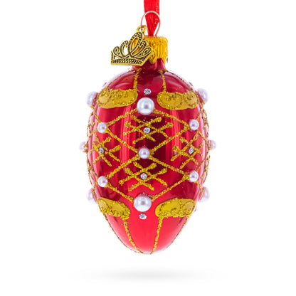 Red with Gold Glitter, Pearl Accents, and Floral Design Mini Glass Egg Ornament 2.9 Inches