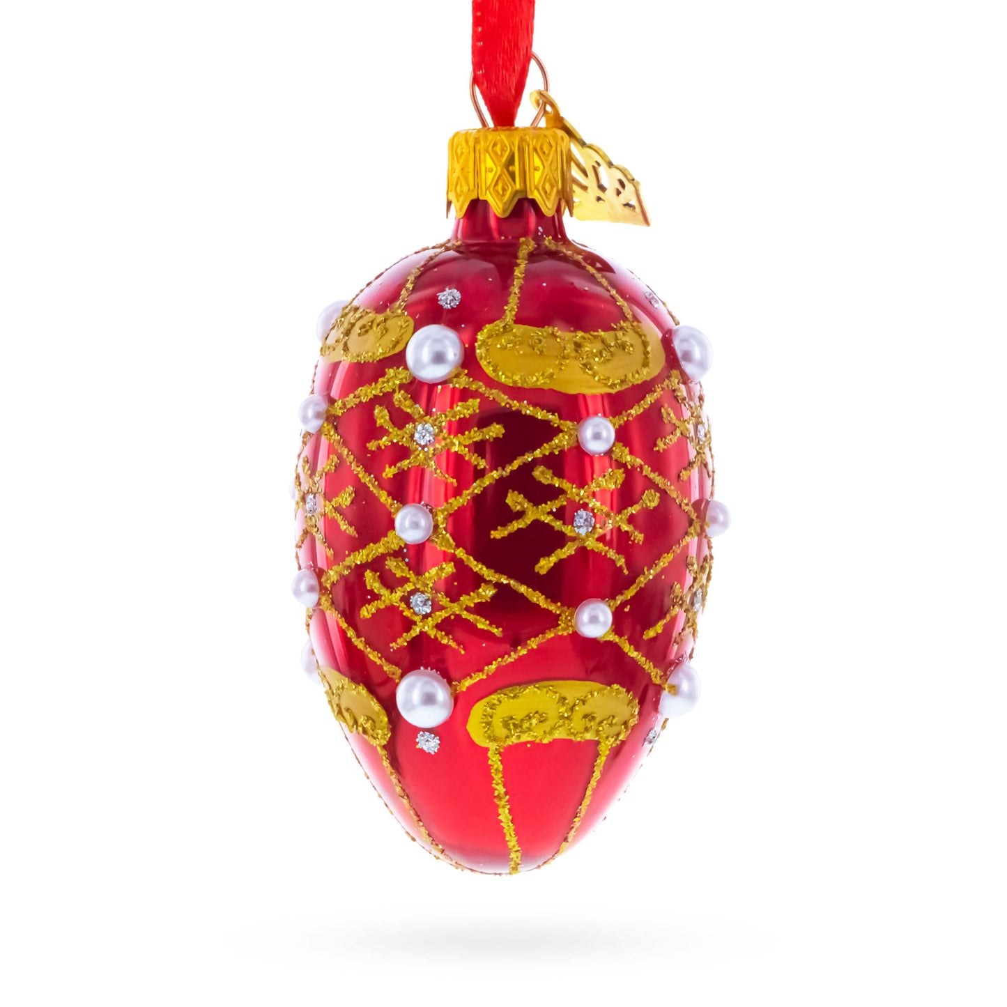 Red with Gold Glitter, Pearl Accents, and Floral Design Mini Glass Egg Ornament 2.9 Inches