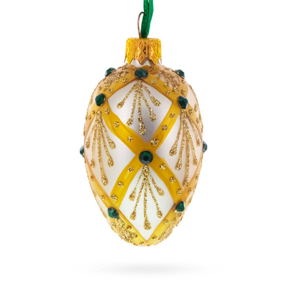 Beige & Emerald Jewel Accented Mini Glass Egg Ornament 2.9 Inches