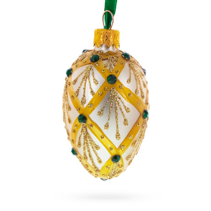 Beige & Emerald Jewel Accented Mini Glass Egg Ornament 2.9 Inches
