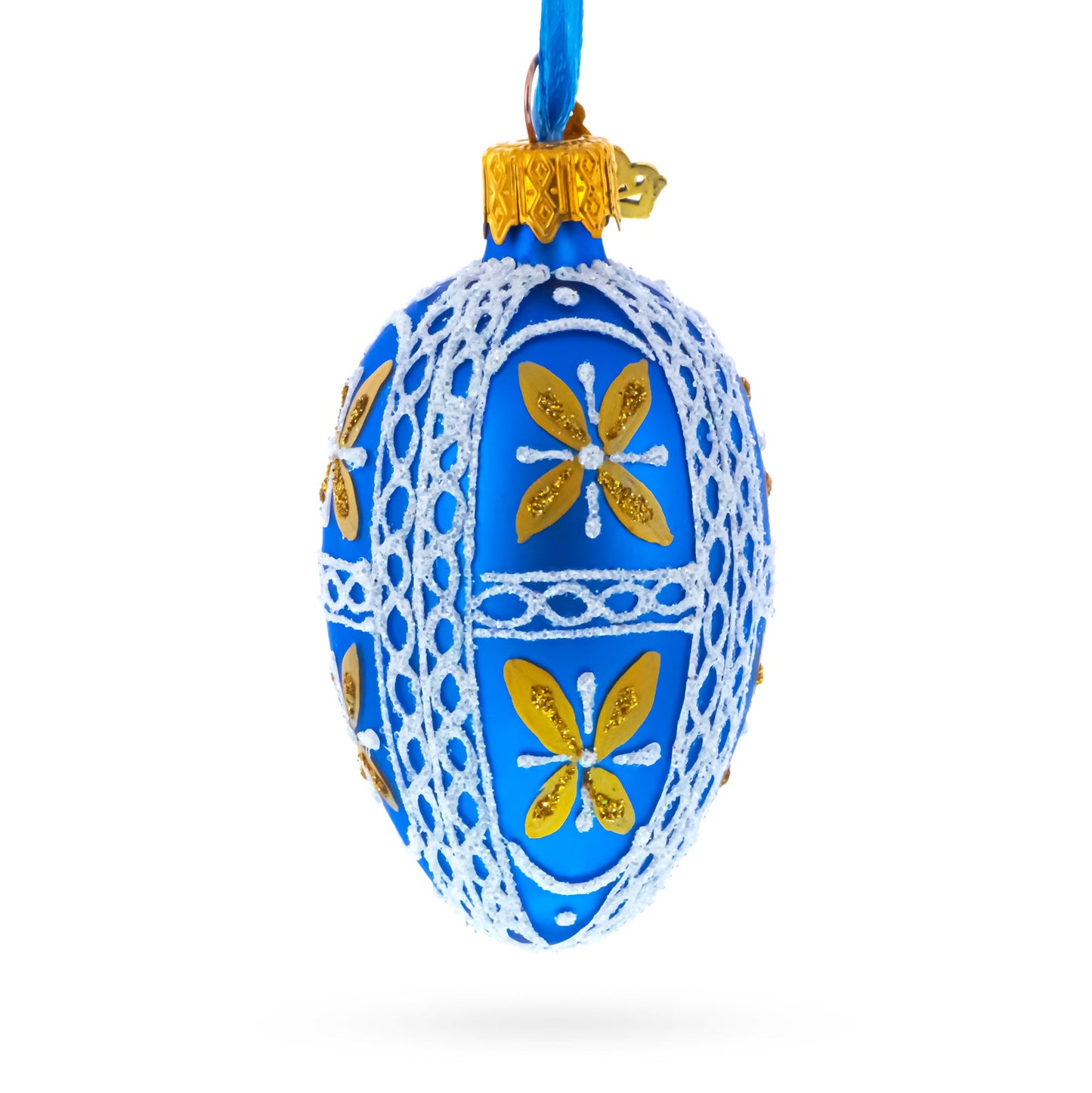 Royal Blue & Gold Floral Lace Mini Glass Egg Ornament 2.9 Inches