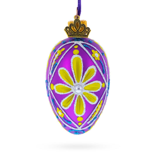 Vibrant Purple & Yellow Pearl Accented Mini Glass Egg Ornament 2.9 Inches