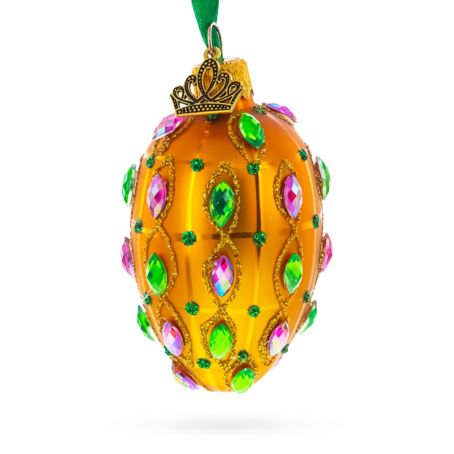 Golden Amber with Pink & Green Jewel Accents Mini Glass Egg Ornament 2.9 Inches