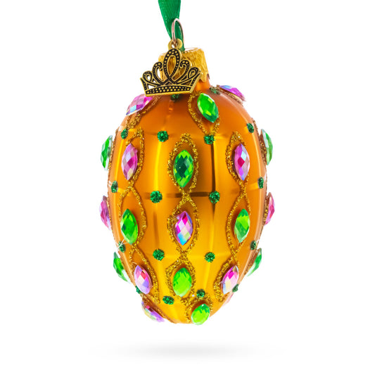 Golden Amber with Pink & Green Jewel Accents Mini Glass Egg Ornament 2.9 Inches
