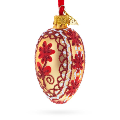 Cream with Red Floral and Lace Accents Mini Glass Egg Ornament 2.9 Inches