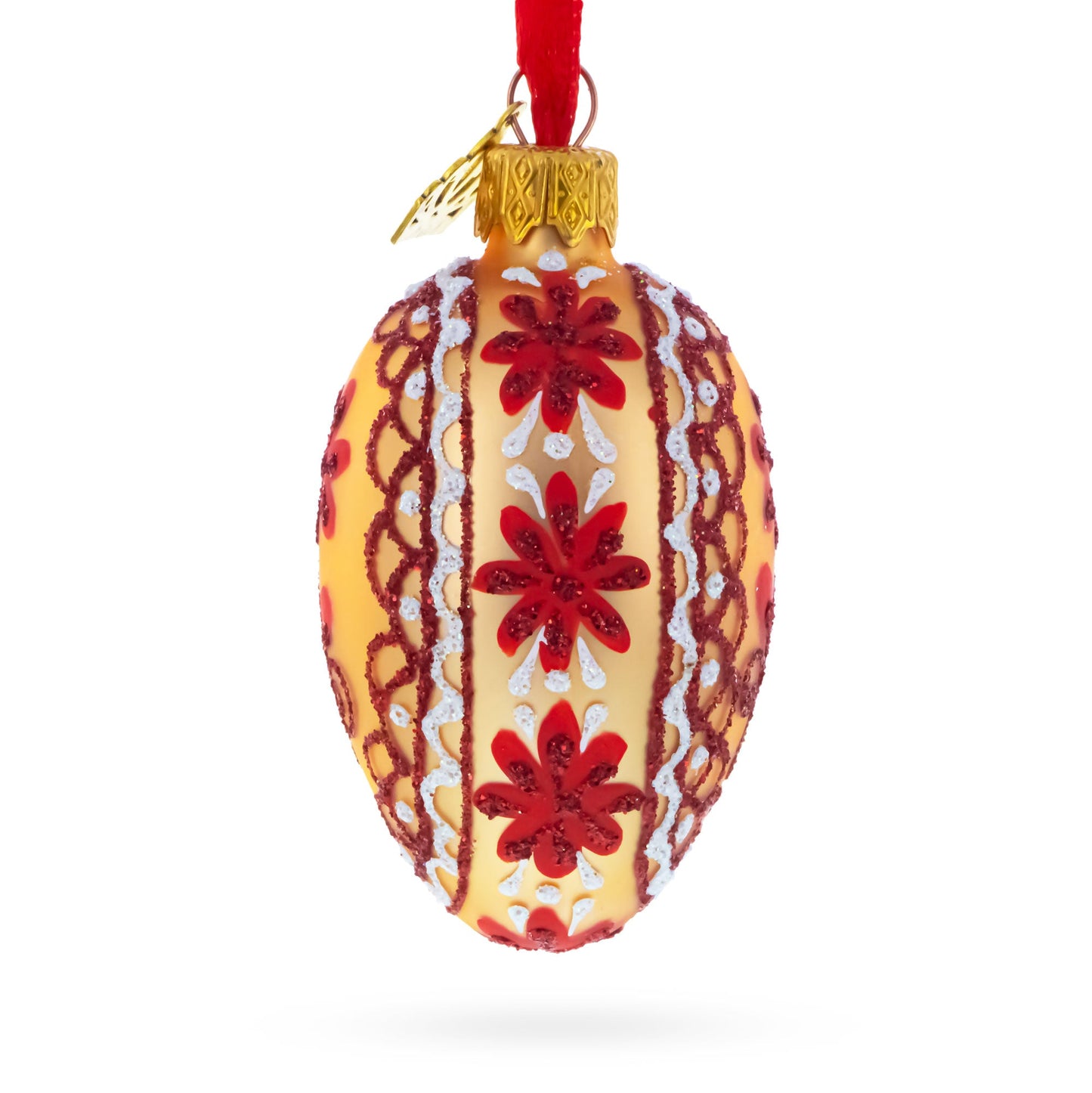 Cream with Red Floral and Lace Accents Mini Glass Egg Ornament 2.9 Inches