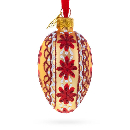 Cream with Red Floral and Lace Accents Mini Glass Egg Ornament 2.9 Inches