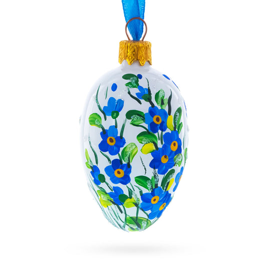 White with Blue Floral and Green Leaf Accents Mini Glass Egg Ornament 2.9 Inches