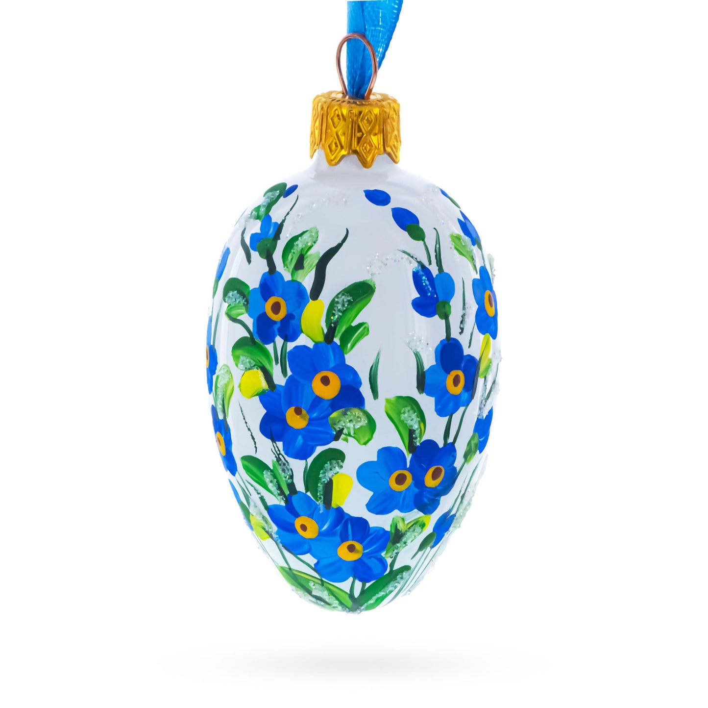 White with Blue Floral and Green Leaf Accents Mini Glass Egg Ornament 2.9 Inches