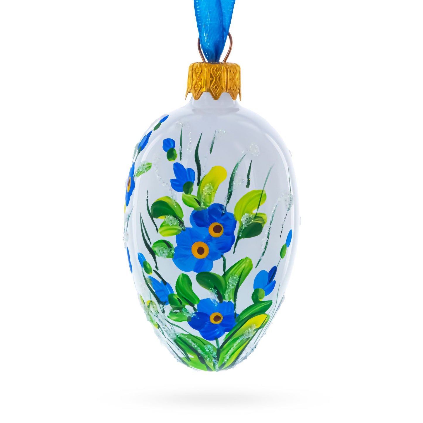 White with Blue Floral and Green Leaf Accents Mini Glass Egg Ornament 2.9 Inches