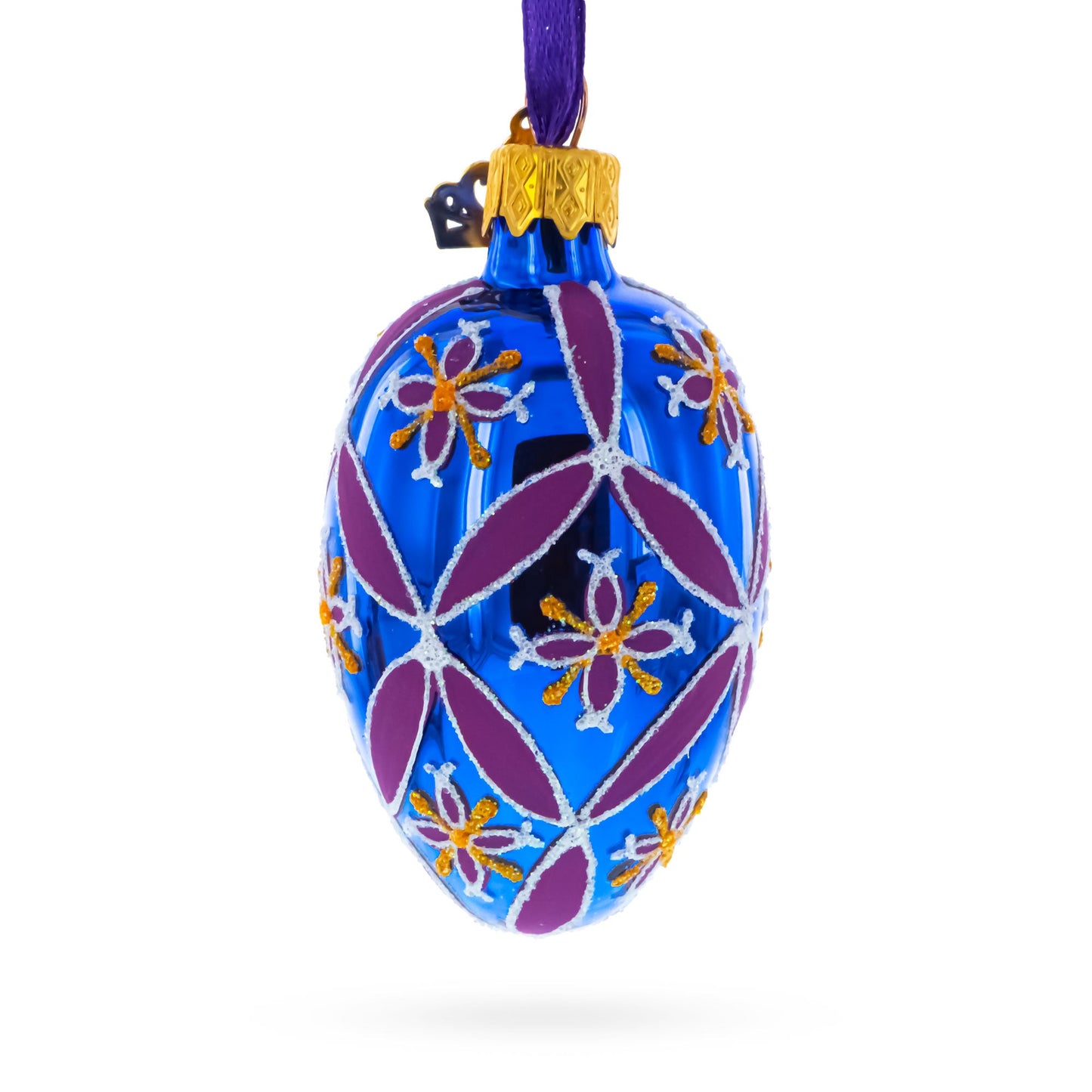 Cobalt Blue with Pink and Yellow Floral Pattern Mini Glass Egg Ornament 2.9 Inches