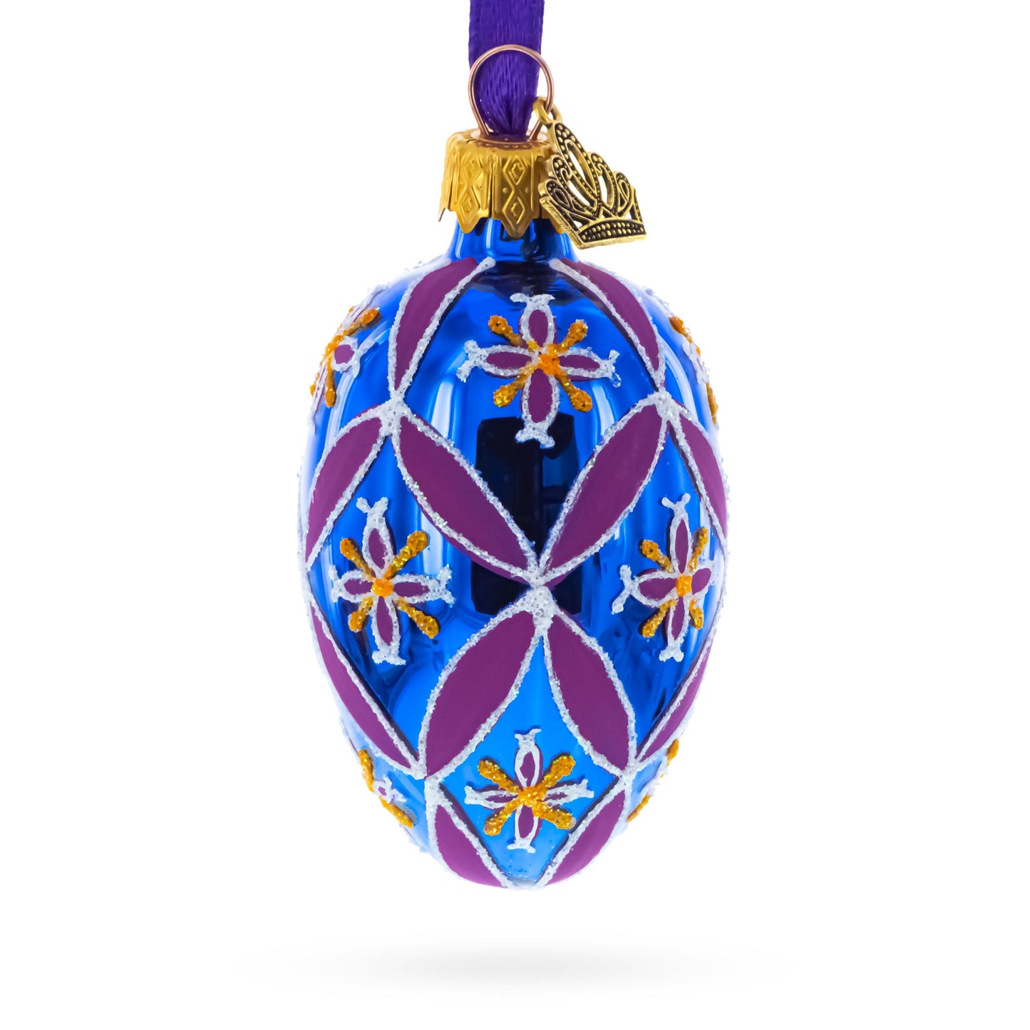 Cobalt Blue with Pink and Yellow Floral Pattern Mini Glass Egg Ornament 2.9 Inches