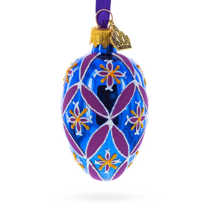 Cobalt Blue with Pink and Yellow Floral Pattern Mini Glass Egg Ornament 2.9 Inches