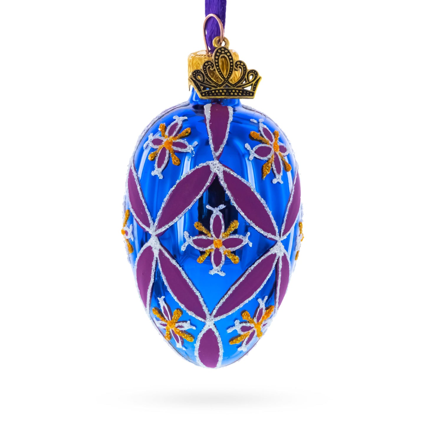 Cobalt Blue with Pink and Yellow Floral Pattern Mini Glass Egg Ornament 2.9 Inches