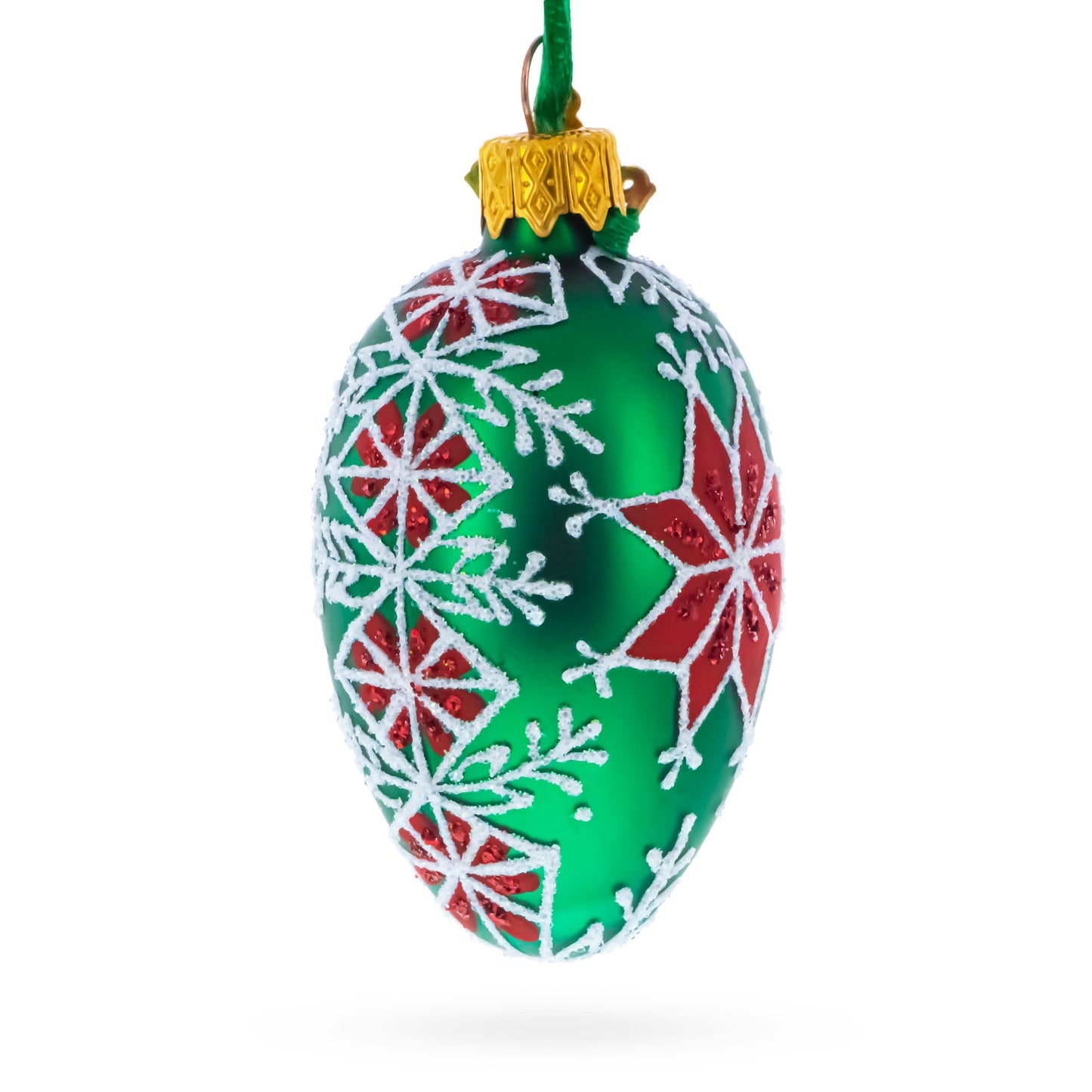 Festive Green with Red and White Snowflake Pattern Mini Glass Egg Ornament 2.9 Inches