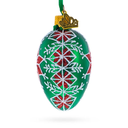 Festive Green with Red and White Snowflake Pattern Mini Glass Egg Ornament 2.9 Inches