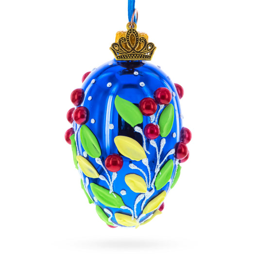 Shiny Blue with Red Berry and Green Leaf Accents Mini Glass Egg Ornament 2.9 Inches
