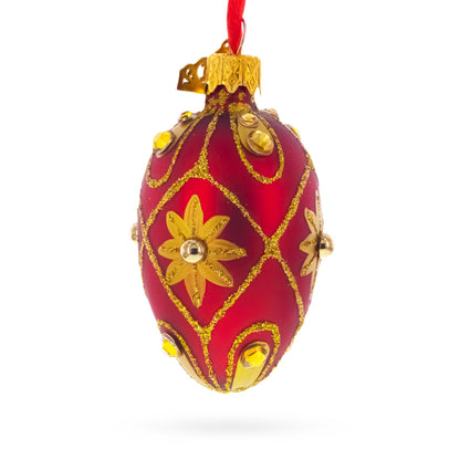Red with Gold Floral and Jewel Accents Mini Glass Egg Ornament 2.9 Inches
