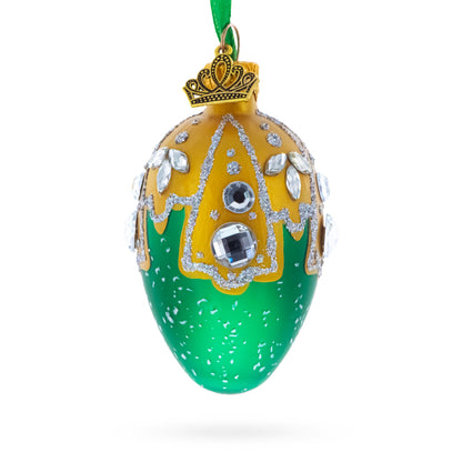 Green with Gold and Clear Jewel Accents Mini Glass Egg Ornament 2.9 Inches