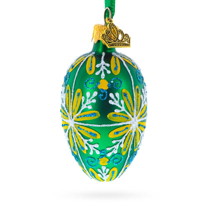 Emerald Green with Blue and Yellow Swirl Floral Mini Glass Egg Ornament 2.9 Inches
