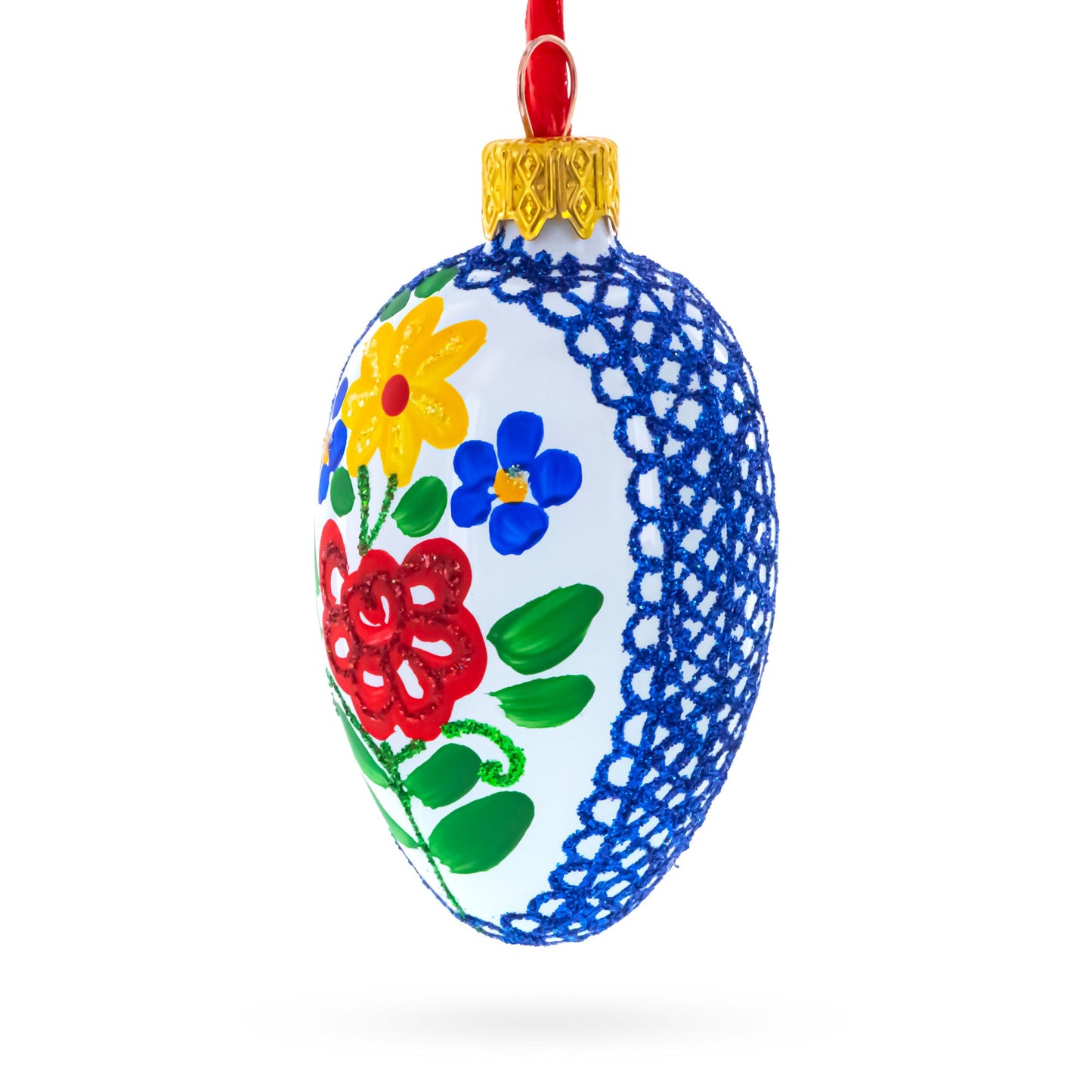 White with Multicolor Floral and Blue Lace Accents Mini Glass Egg Ornament 2.9 Inches