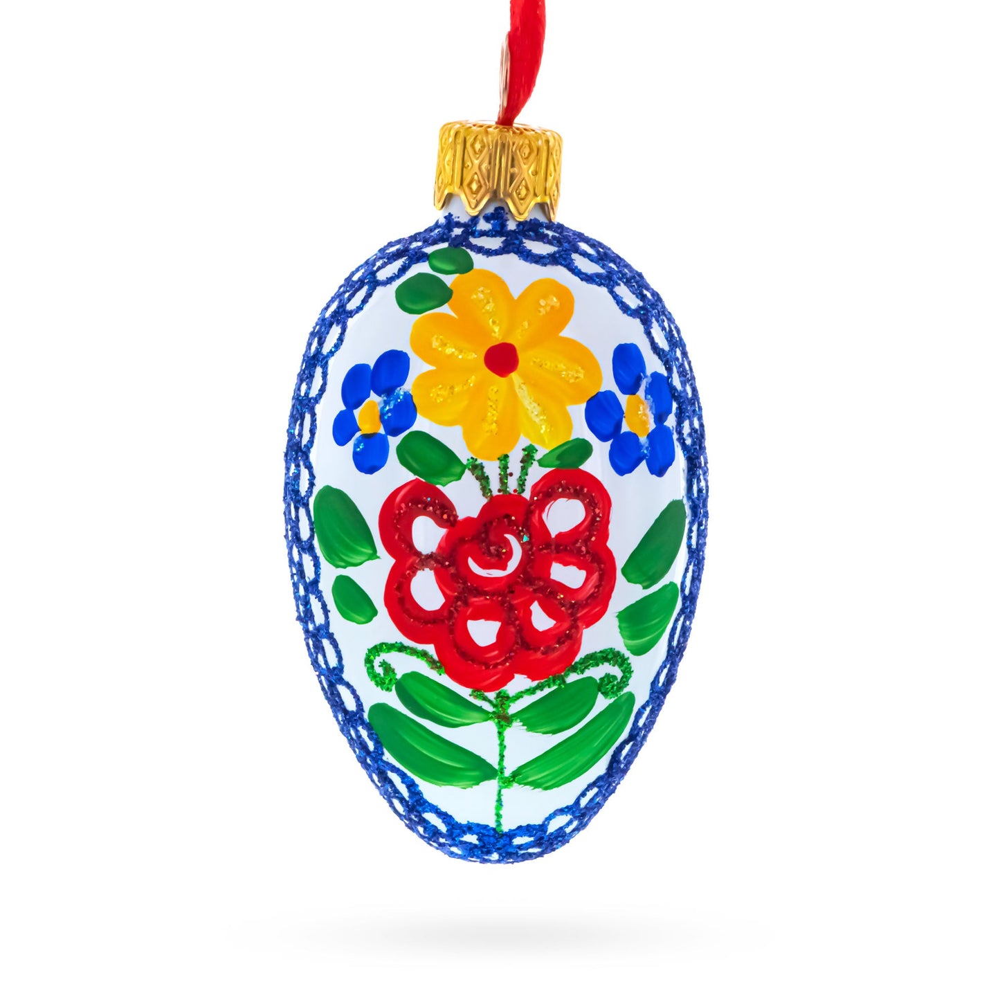 White with Multicolor Floral and Blue Lace Accents Mini Glass Egg Ornament 2.9 Inches