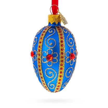 Royal Blue with Gold and Red Gem Accents Mini Glass Egg Ornament 2.9 Inches