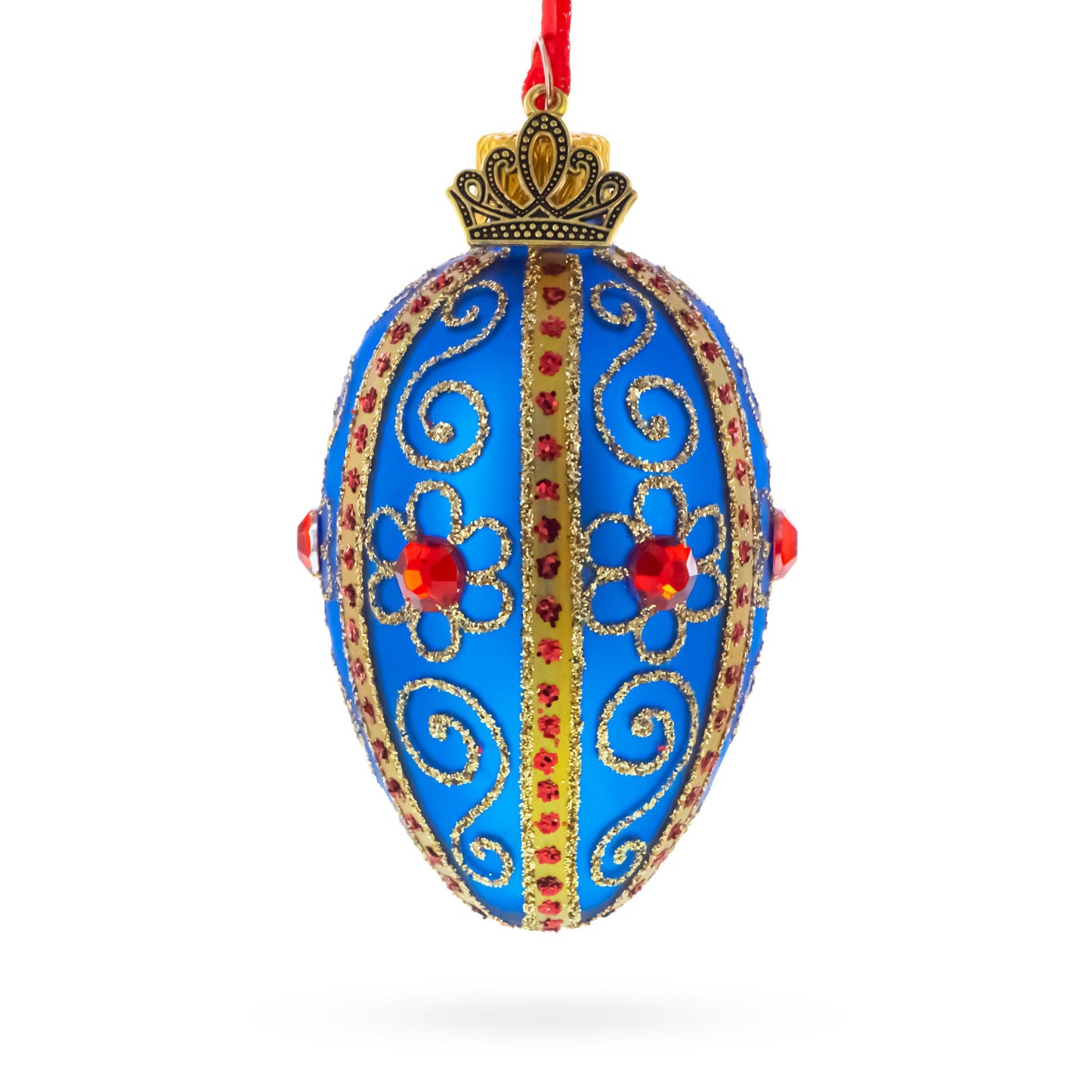 Royal Blue with Gold and Red Gem Accents Mini Glass Egg Ornament 2.9 Inches
