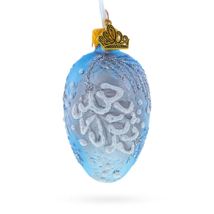 Icy Blue with Silver Pinecone and Snow Design Mini Glass Egg Ornament 2.9 Inches