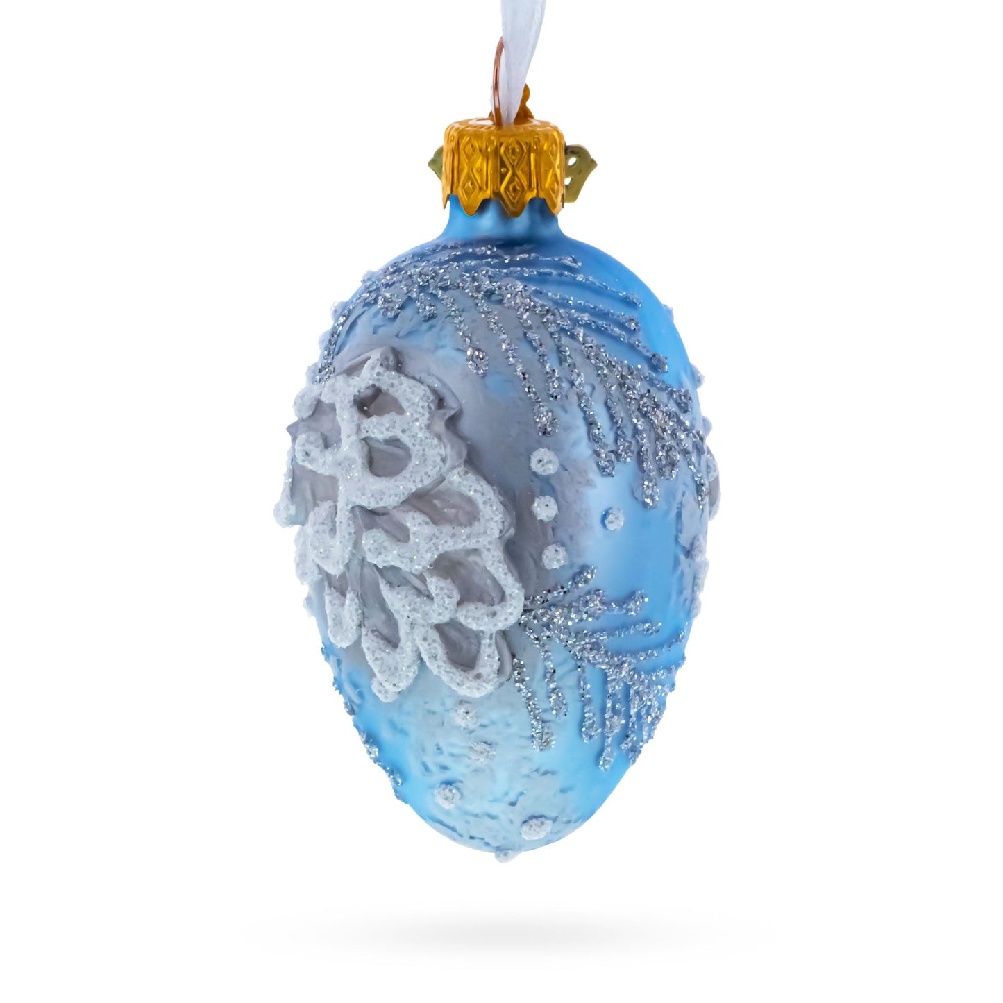 Icy Blue with Silver Pinecone and Snow Design Mini Glass Egg Ornament 2.9 Inches