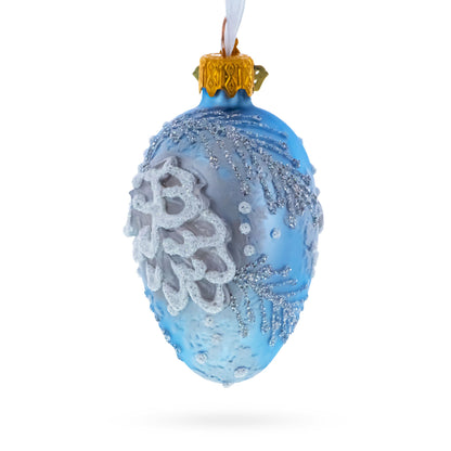 Icy Blue with Silver Pinecone and Snow Design Mini Glass Egg Ornament 2.9 Inches