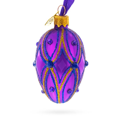 Vibrant Purple with Blue and Gold Glitter Gem Accents Mini Glass Egg Ornament 2.9 Inches