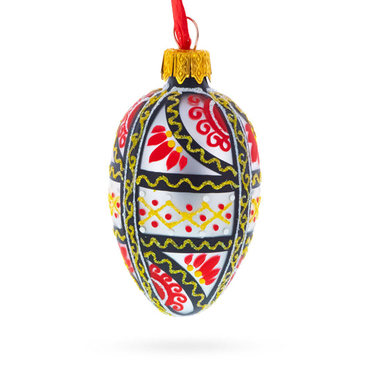 Ukrainian Geometric Red and Gold Mini Glass Egg Ornament 2.9 Inches
