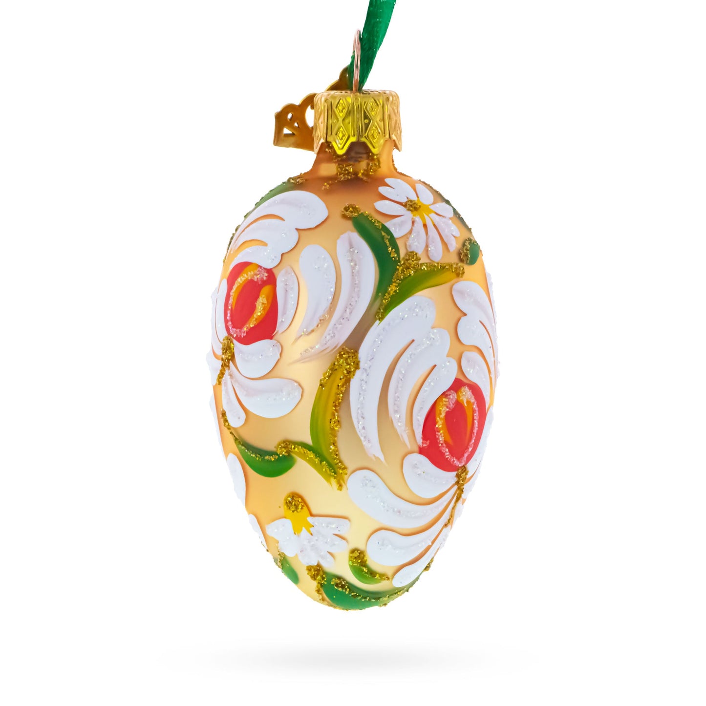 Golden with White and Orange Floral Swirl Design Mini Glass Egg Ornament 2.9 Inches