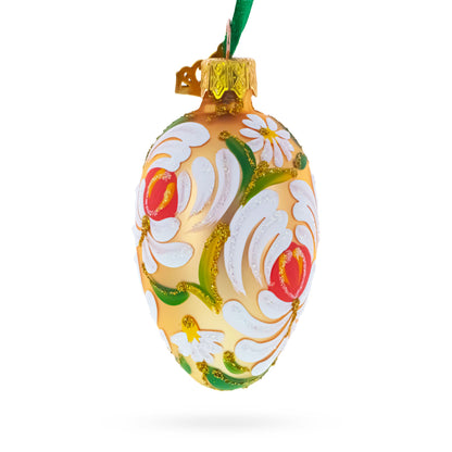 Golden with White and Orange Floral Swirl Design Mini Glass Egg Ornament 2.9 Inches
