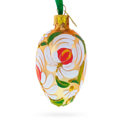 Golden with White and Orange Floral Swirl Design Mini Glass Egg Ornament 2.9 Inches
