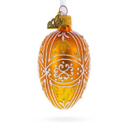Amber Gold with White and Gold Filigree Design Mini Glass Egg Ornament 2.9 Inches