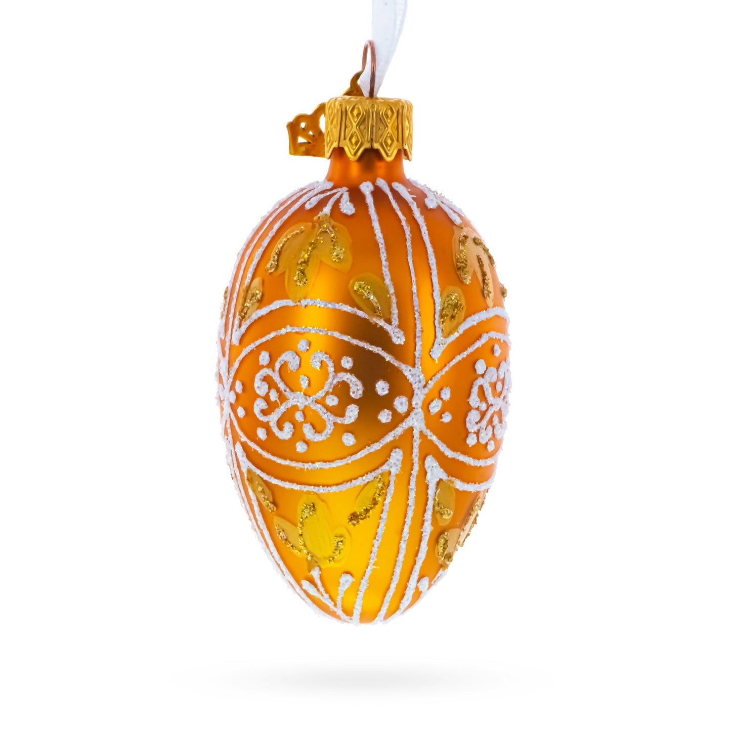 Amber Gold with White and Gold Filigree Design Mini Glass Egg Ornament 2.9 Inches