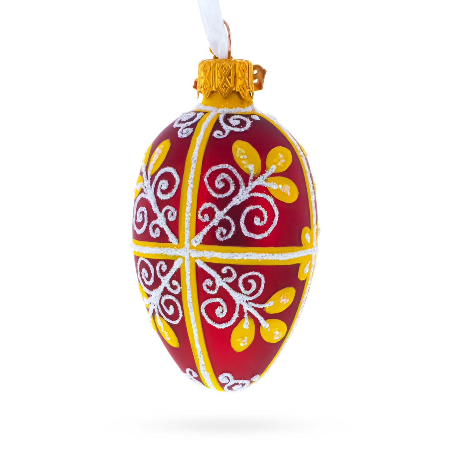 Red and Gold Swirl Design Mini Glass Egg Ornament 2.9 Inches