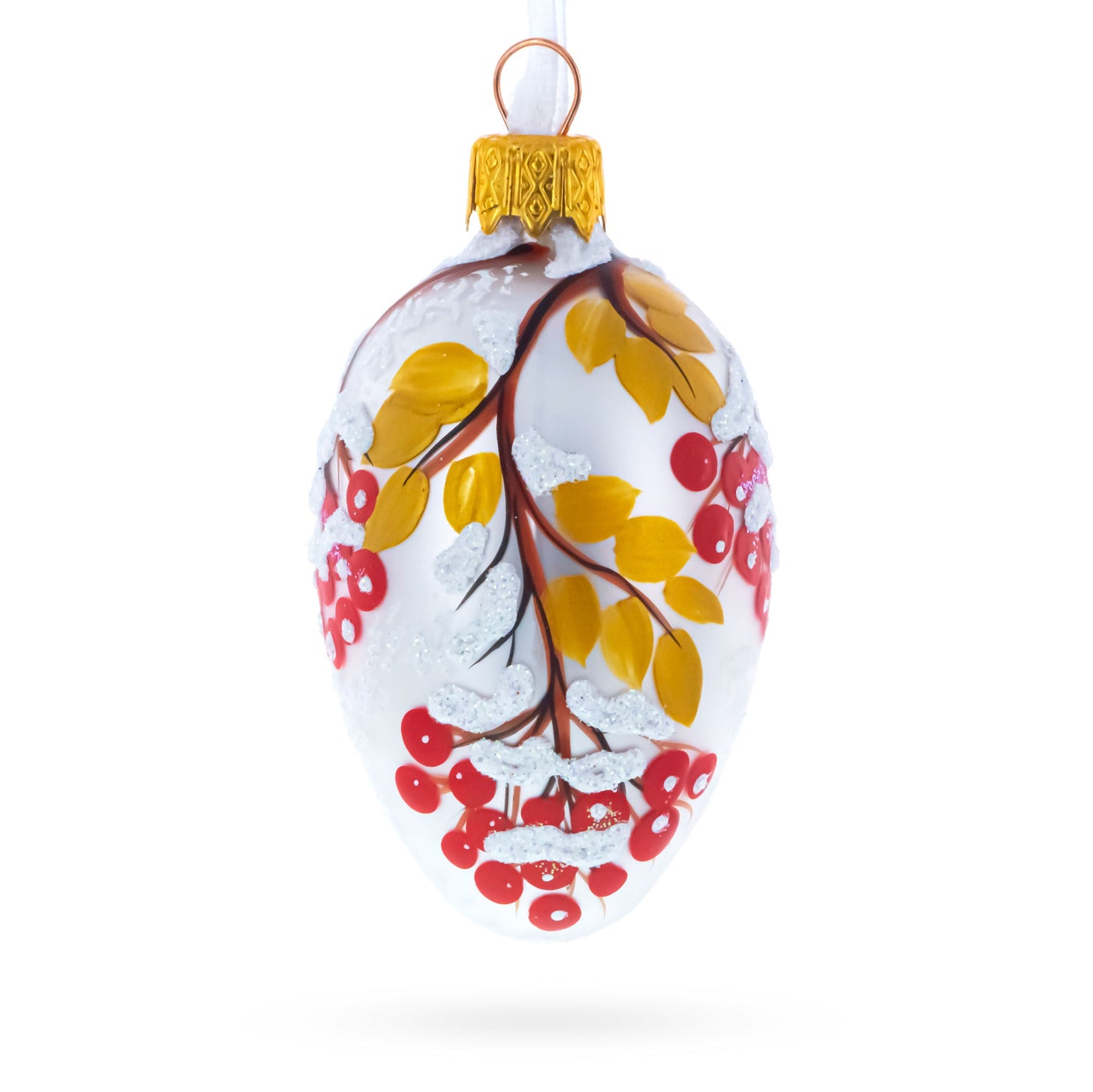 Frosted White with Red Berry and Snow-Covered Branch Design Mini Glass Egg Ornament 2.9 Inches