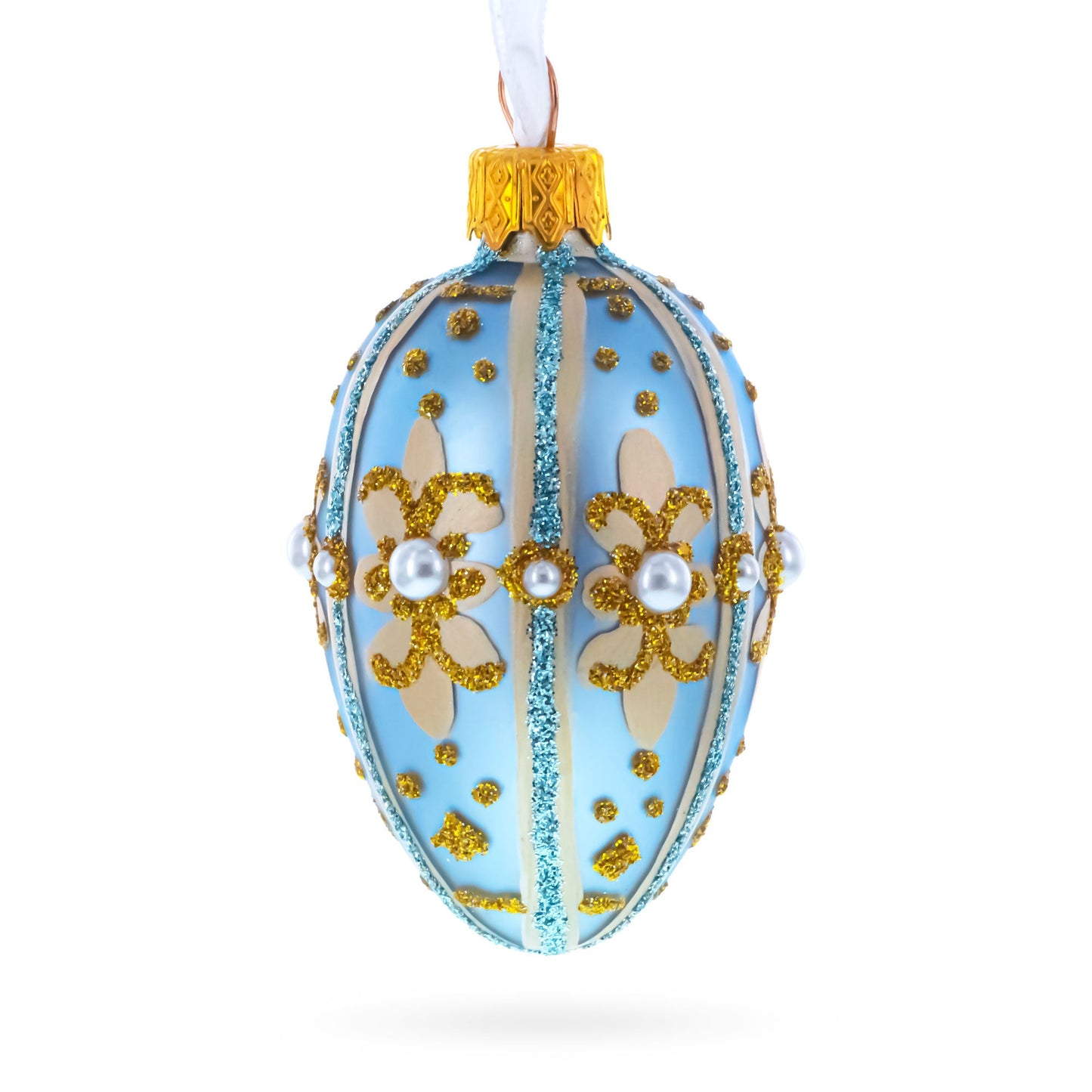 Powder Blue with Gold Glitter and Pearl Accents Mini Glass Egg Ornament 2.9 Inches