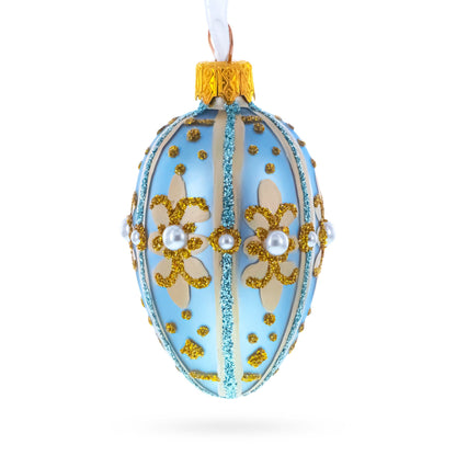 Powder Blue with Gold Glitter and Pearl Accents Mini Glass Egg Ornament 2.9 Inches
