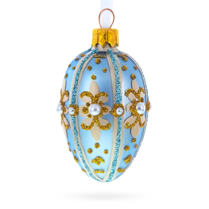 Powder Blue with Gold Glitter and Pearl Accents Mini Glass Egg Ornament 2.9 Inches