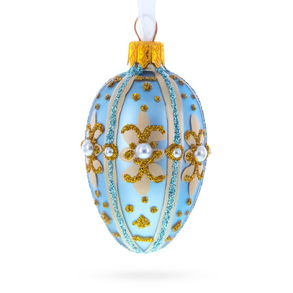 Powder Blue with Gold Glitter and Pearl Accents Mini Glass Egg Ornament 2.9 Inches