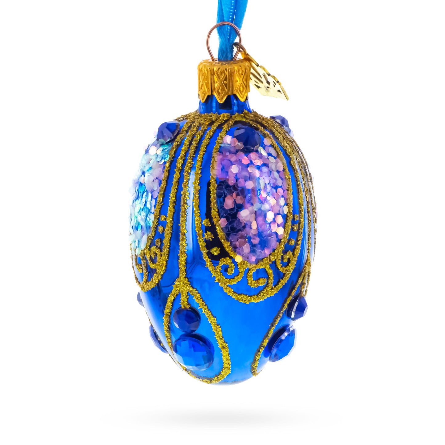 Royal Blue with Gold Glitter and Iridescent Sequins Mini Glass Egg Ornament 2.9 Inches