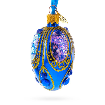 Royal Blue with Gold Glitter and Iridescent Sequins Mini Glass Egg Ornament 2.9 Inches