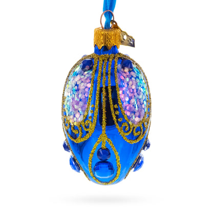 Royal Blue with Gold Glitter and Iridescent Sequins Mini Glass Egg Ornament 2.9 Inches